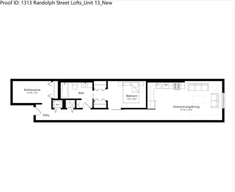 Floor plan for 1 bed, 1 bath, 821 sqft